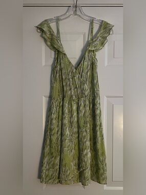 BCBGeneration Bright Lime Multi Flutter Sleeve Faux Wrap Mini Dress Size S